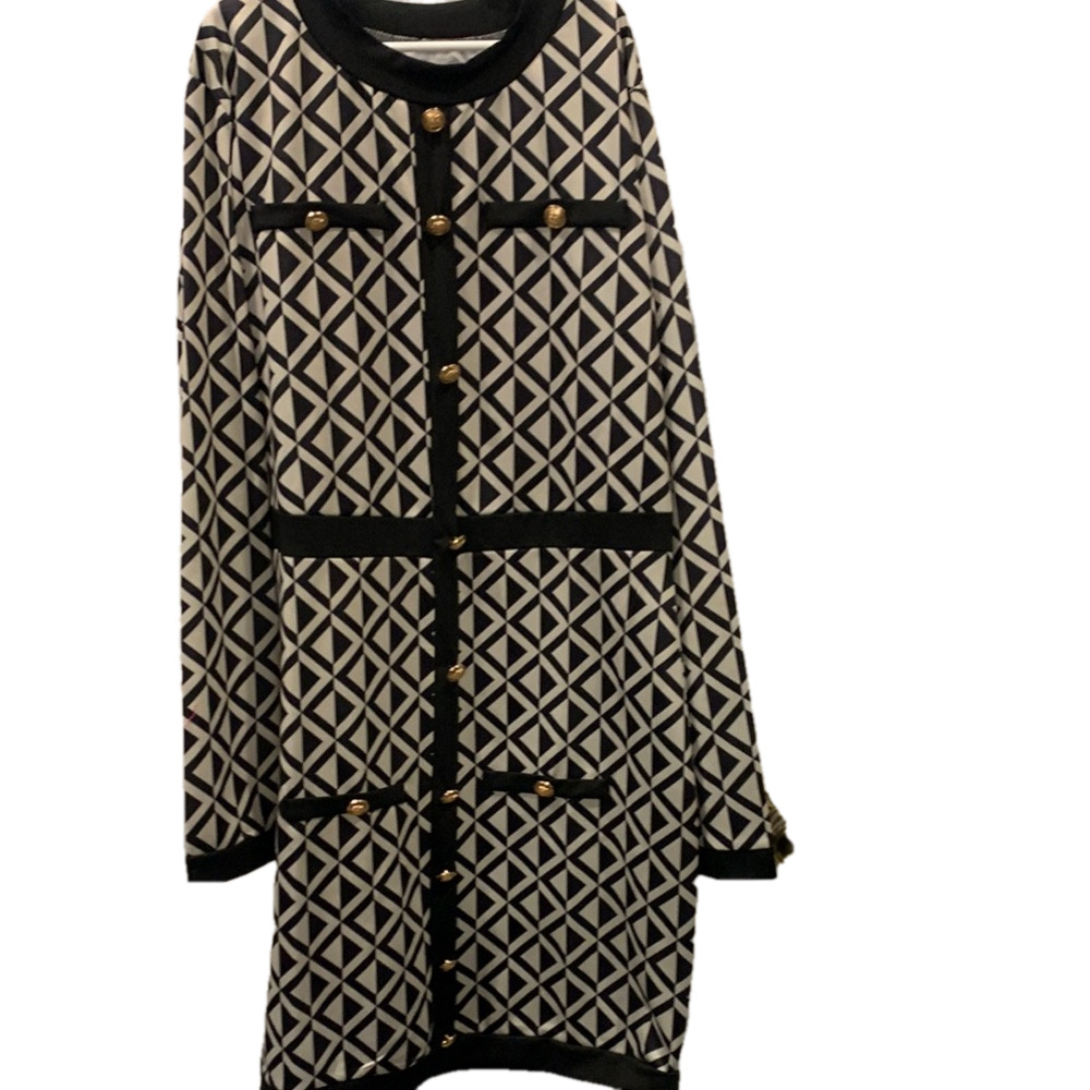 Geometric Black and White Dress with Gold buttons